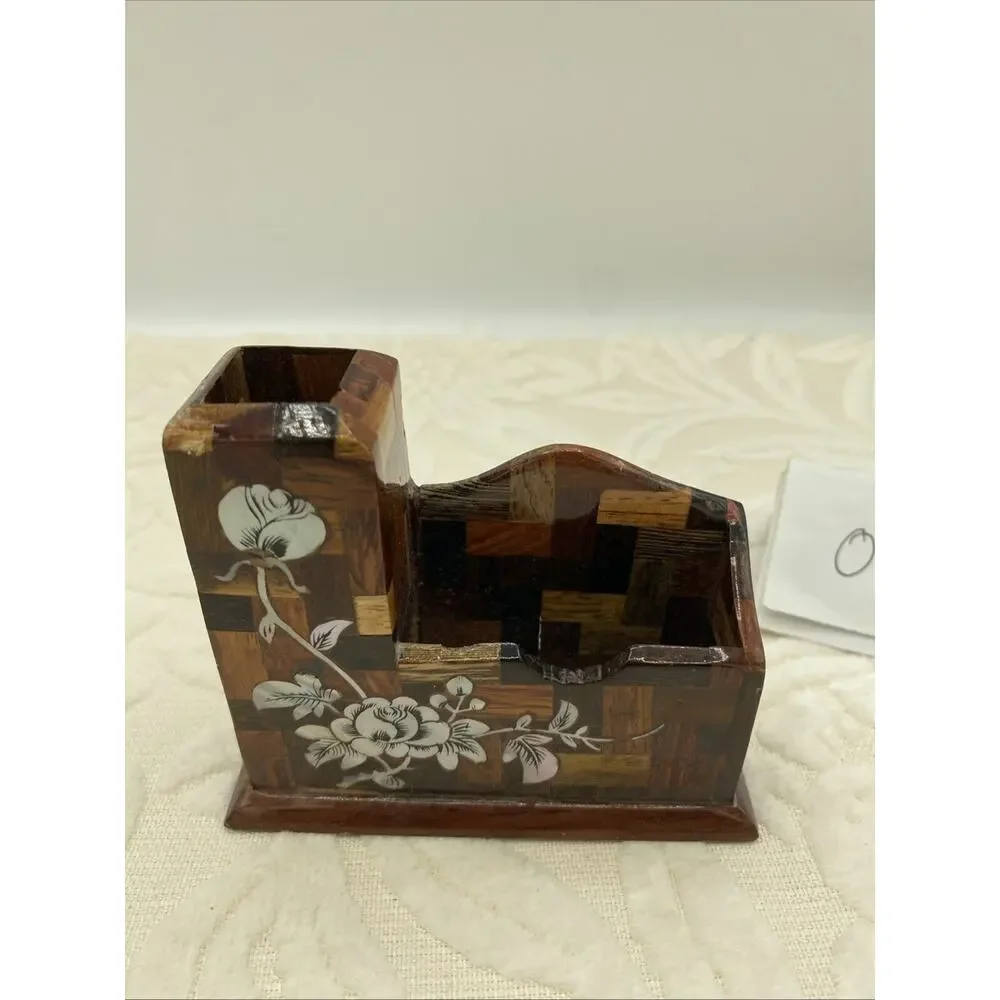 Handmade Laquered Wood Business Card & Pencil Holder With Inlaid Shell Design